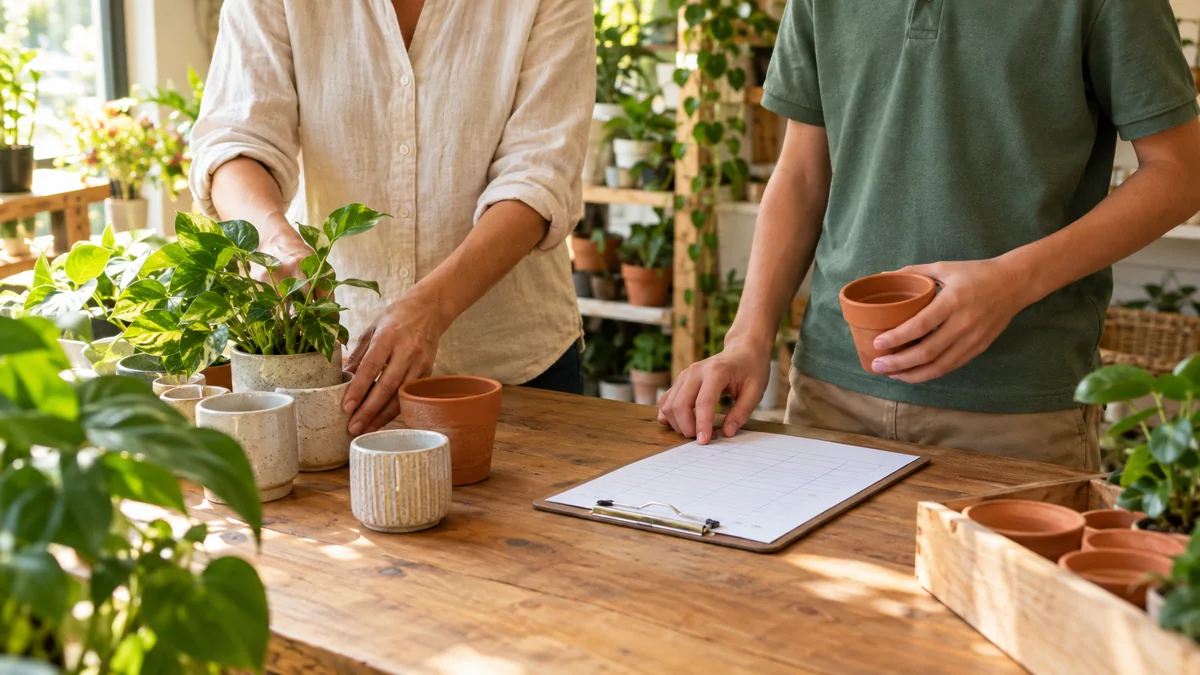 Illustrative close-up of a mentor and student organizing plant pots and reviewing an inventory sheet.